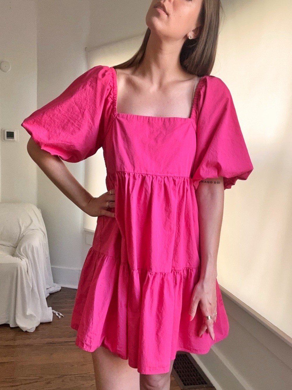 Venus Puff Sleeve Swing Dress Small Square Neck Hot Pink Tiered Babydoll